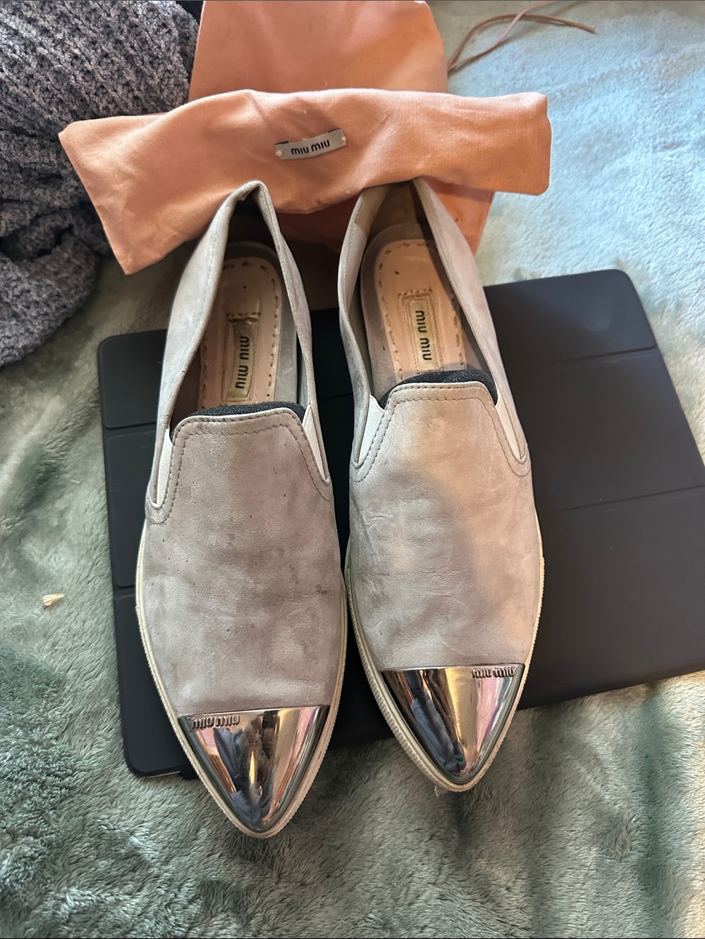 Miu Miu Light Grey Suede Slip-On Loafers with Silver Cap Toe